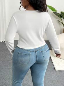 Slaydiva Plus Size Vai thông thường Cổ chữ V cơ bản Slim Fit Áo dài tay màu trắng, trang phục thường ngày và hàng ngày, Mùa hè/Mùa đông/Mùa thu, Áo cổ lọ nửa cổ-C - trắng - Xem 3