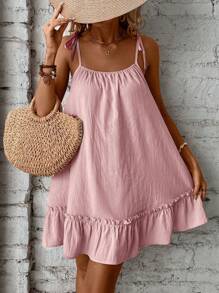 Breezaya Spaghetti Strap Tie Belt Ruffle Hem Flounce Dress Vacation Beach Outfits Women