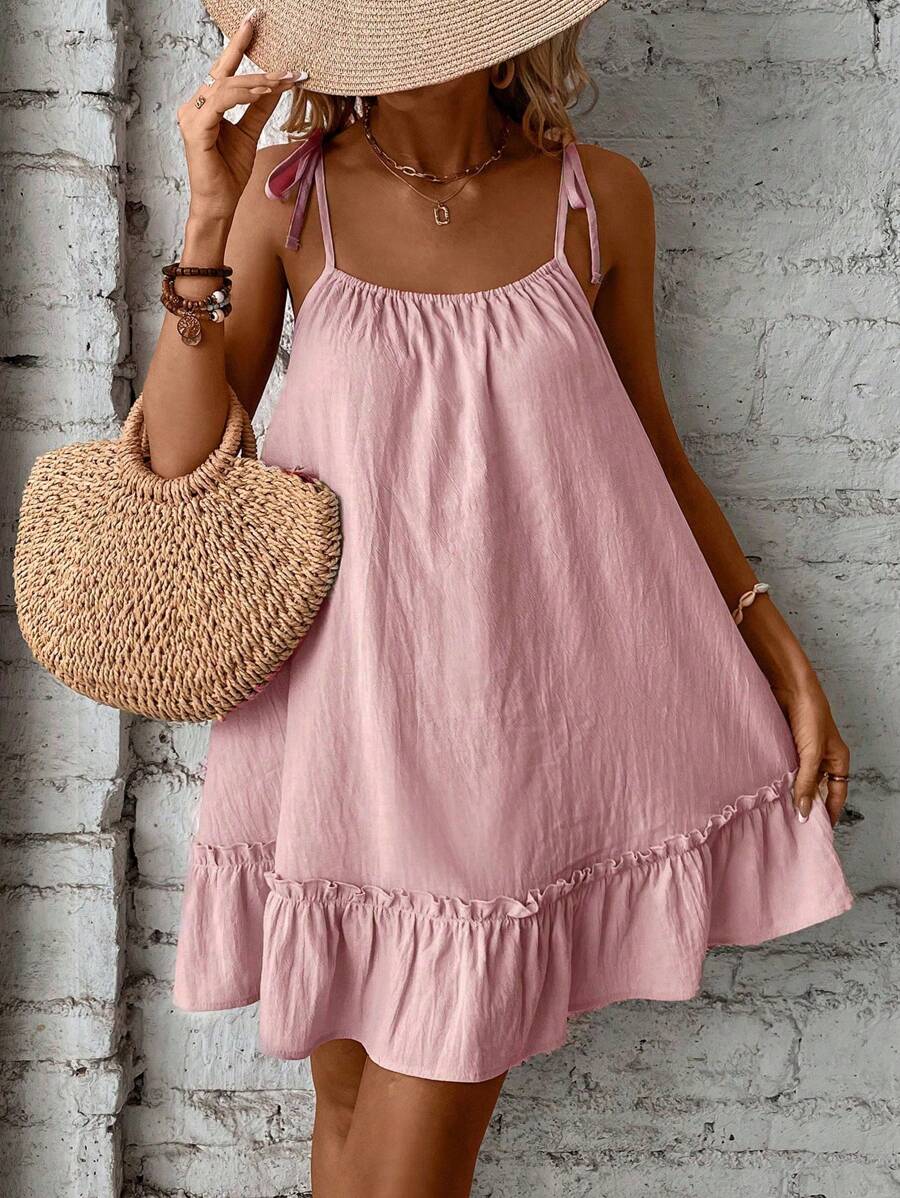 Breezaya Spaghetti Strap Tie Belt Ruffle Hem Flounce Dress Vacation Beach Outfits Women