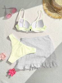 SHEIN Swim Women's Solid Color Front Tie Sexy Bikini Set For Summer Beach, Including Cover-Up Skirt