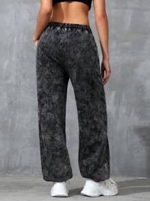 SHEIN EZwear Tie Dye Drawstring Waist Straight Leg Jeans - Dark Grey - View 3