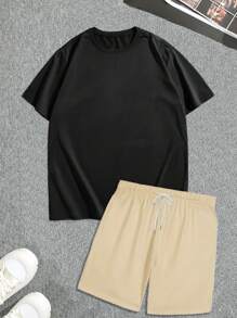Manfinity Dauomo Bộ áo thun ngắn tay cổ tròn in khẩu hiệu mùa hè có dây rút và quần short thắt lưng dành cho nam - Nhiều màu - Xem 2