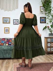 Flirla Plus Size Holiday & Leisure Solid Color Lace Patchwork Dress With Sweetheart Neckline - Army Green - View 2
