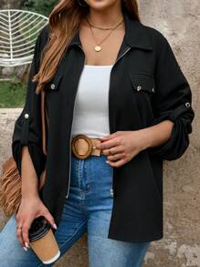 EMERY ROSE Plus-Size Fall Women Clothes Black Cargo Style Style Teacher Shirts With Pockets And Zipper For Autumn & Winter Tops With Sleeves Business Casual Woman Work Blouse Business Blouse - Black - View 1