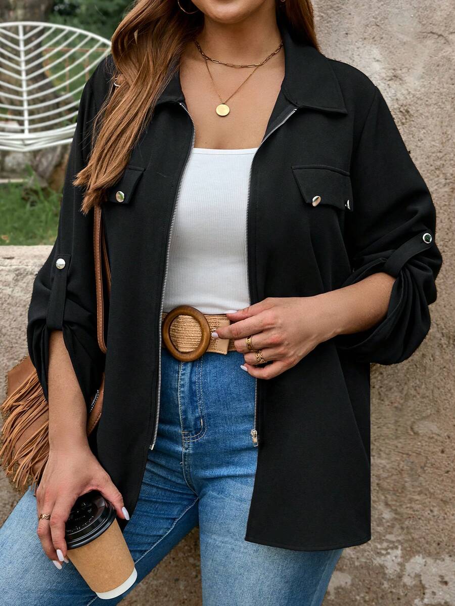 EMERY ROSE Plus-Size Fall Women Clothes Black Cargo Style Style Teacher Shirts With Pockets And Zipper For Autumn & Winter Tops With Sleeves Business Casual Woman Work Blouse Business Blouse - Black - View 1