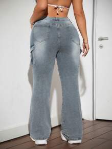 SHEIN ICON Plus Size Sexy Street Style Skinny Flare Jeans With Distressed Design And Tool Pockets, Blue - Medium Wash - View 2