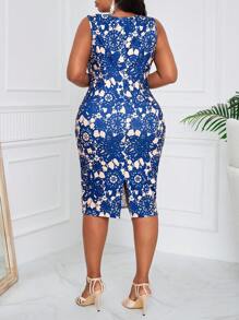SHEIN Lady Plus Size Women's Business Professional Blue Lace Floral Burnout Elegant Slim Fit Midi Dress