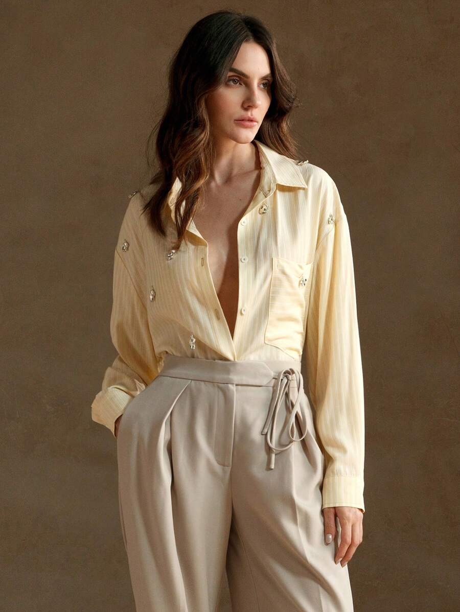 Anewsta Oversized Striped Rhinestone Decorated Loose Shirt For Urban Commute - Yellow - View 1