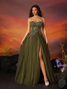 VIPGIRL 高端奢华手工刺绣串珠晚礼服，具有独特感，优雅正式舞会婚礼宾客礼服，适合毕业典礼、晚宴 - 軍綠色 - 查看 6