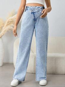 SHEIN Jeans anchos de embarazo con cintura asimétrica, bajo dividido y pernera ancha para mamá en otoño