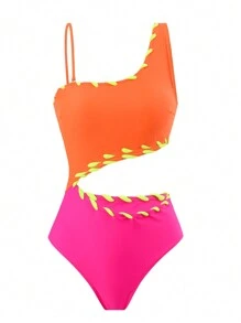 SHEIN Swim 女士海滩度假拼色连体泳衣，镂空腰部和一条肩带，夏季连体泳衣 - 彩色 - 查看 1