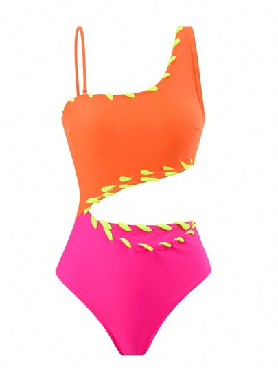 SHEIN Swim Traje de baño de una pieza con bloques de color para vacaciones en la playa, con cintura calada y un tirante, traje de baño de una pieza de verano