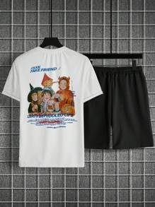 Men's Summer Slogan Character Printed Round Neck Short Sleeve Casual T-Shirt And Drawstring Waist Shorts Set - White - View 3