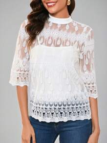 SHEIN Clasi Damenmoden für den Herbst, besticktes Mesh-Spitze-Hochzeits-Frenchy-Frauen-Old-Money-Stil-Lehrerin T-Shirt-Top