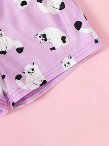 SHEIN Young Girl Cute Cat Pattern Loose Casual Breathable Sleepwear Set, 2pcs Shorts & Short-Sleeved Top For Summer - Lilac Purple - View 4