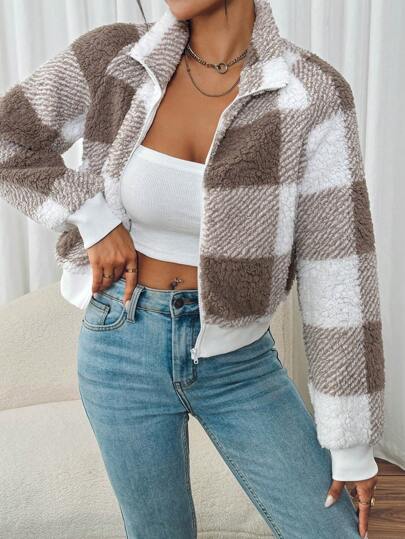 SHEIN Frenchy Cazadora de cuadros para mujer con mangas largas y pelo corto, para otoño e invierno
