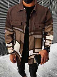 Manfinity Homme Men's Color Block Buttoned Jacket With Pockets For Casual Wear, Long Sleeves Going Out Colorful Long Sleeve Jacket, For Friends, Husband, Boyfriend Gifts Men Plaid Jacketmen Shacketmen's Shacketmens Shacket