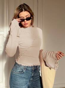 SHEIN Essnce Áo thun tay dài cổ tròn màu trơn - Màu be - Xem 3