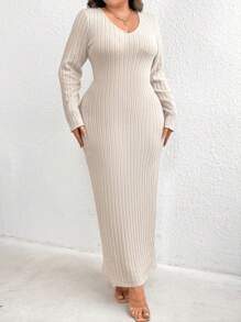 Celure Plus Solid V Neck Ribbed Knit Bodycon Dress Maxi Women Outfit - Apricot - View 7