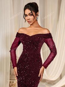 Faeriesty Vestido de noche elegante de sirena con hombros descubiertos, mangas transparentes y adornos de lentejuelas de FAERIESTY - Ideal para galas de noche, atuendos de invitados a bodas, eventos de alfombra roja y fiestas de lujo