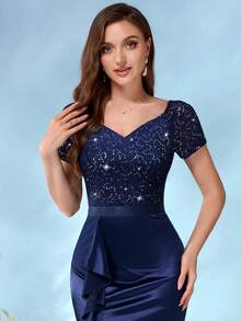 MIUSOL Đầm dạ hội dài trang trọng bằng vải satin cổ tròn xếp nếp đính sequin ren cho tiệc tối, dự tiệc tốt nghiệp, tiệc tối - Màu xanh hải quân - Xem 8