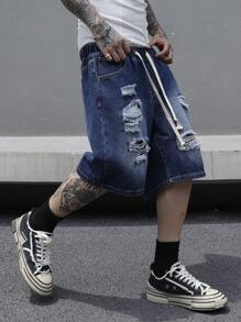 Manfinity EMRG Plus Size Men's Casual Drawstring Waist Distressed Denim Shorts For Summer - Blue - View 3