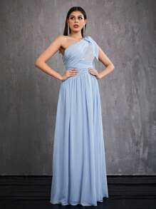Mgiacy Sequined One-Shoulder Wrapped Chest Pearl Chiffon High-End Evening Dress - Blue - View 3