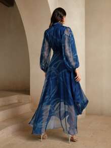 Anewsta Ladies' Delicate Klein Blue Ribbon Printed Dress Maxi Women Outfit - Blue - View 2