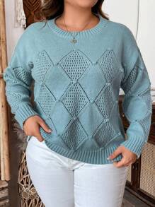 EMERY ROSE Áo len dệt kim rỗng màu trơn dáng rộng, cỡ lớn, thích hợp mặc mùa xuân/thu, hoặc mùa đông. - Màu xanh lam - Xem 3