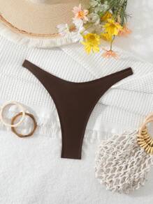 Swim Basics Bottom de bikini de color marrón liso de cintura baja para playa de verano