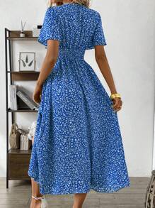 SHEIN Clasi 印花V領露肩高衩搖摆裙 - 寶藍色 - 查看 2