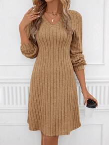 SHEIN Clasi Women's Solid Color Simple Daily Long Sleeve Dress - Camel - View 1