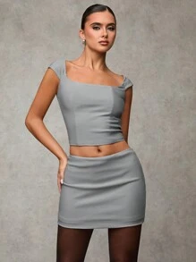 SHEIN BAE Old Money Style Grey Two-Piece Set, Office Siren Style, Business Women Clothes, Matching Outfits - Grey - View 3