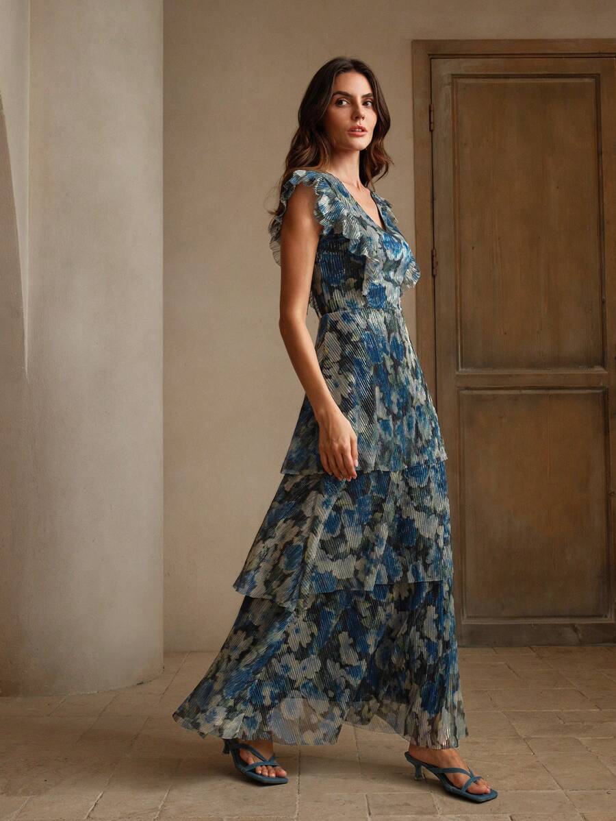 Anewsta Blue Printed V-Neck Multi-Tiered Flounced Hemline Fairy Dress With Short Flutter Sleeves
