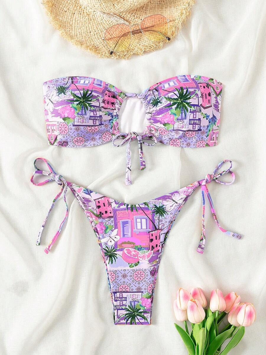 SHEIN Swim Women's Summer Beach Palm Tree Printed Bandeau Hollow Out Halter Bikini Set - Mauve Purple - View 1