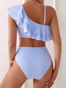 SHEIN Swim Ladies' Summer Beach Striped Ruffle Asymmetric Top And Bikini Bottoms Set