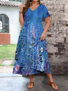 EMERY ROSE Vestido retro de verano para mujer de talla grande con estilo casual y ajuste de corte ajustado - Azul - Ver 5