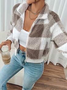 SHEIN Frenchy Women's Plaid Long Sleeve Short Plush Jacket, Fall And Winter,Women Pajama,Fall Women Jackets,Going Out Tops,Flannels Women,Business Casual Women,Plaid Jacket,Wedding Dress Guest,Winter