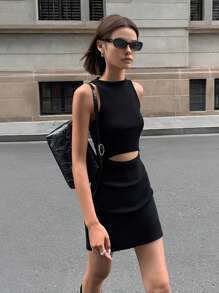 INAWLY 女士純色簡約無袖日常連衣裙 - 黑色 - 查看 4