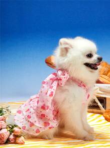 PETSIN Pet Cat & Dog Rochie universală roz și căpșuni cu buline imprimate șifon cu papion decolteu