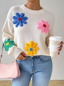 Chiquease Maglione a girocollo con motivo floreale colorato, carino e dolce, maglia a pullover per autunno e inverno - Albicocca - Visualizzare 4