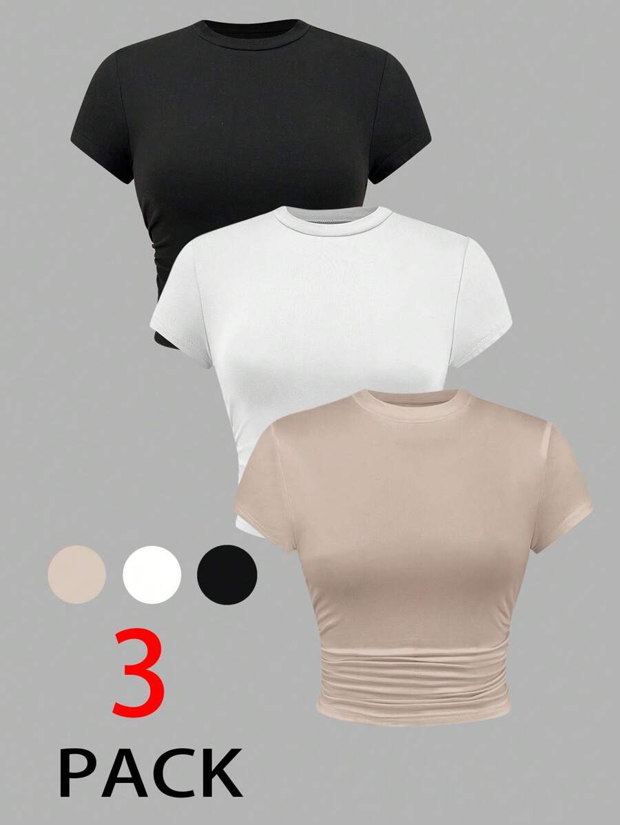 SHEIN PETITE Summer 3pcs/Set Ladies' Pleated Short Sleeve T-Shirt - Multicolor - View 1