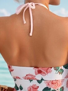 Swim Lushoire Floral Print Drawstring Side Spaghetti Strap Tankini Summer - Multicolor - View 5