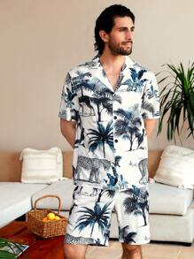 Conjunto de pijama para hombre con camisa de manga corta de botones con solapa y pantalones cortos estampados de plantas tropicales en toda la prenda