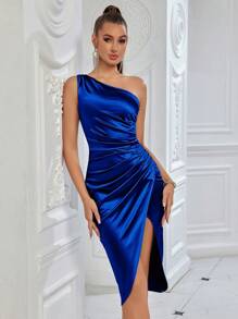 ADYCE Solid Color Pleated Decor Front Slit Cocktail Party Date Night Dress, For Valentine's Day - Royal Blue - View 3