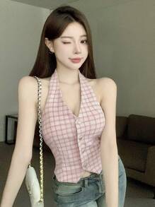 DAZY Valentine's Day Pink Plaid V-Neck Halter Party & Back To School Tank Top For Women