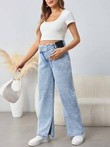 SHEIN Jeans anchos de embarazo con cintura asimétrica, bajo dividido y pernera ancha para mamá en otoño