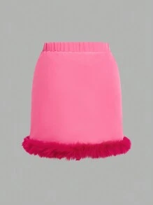 青少年女孩披肩领纯色对比蓬松毛绒袖口夹克 & 裙子 & 白色吊带背心 - 玫紅色 - 查看 5