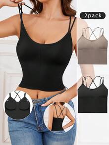 女性純色基本背心上衣（2件套裝），全季通用 - 彩色 - 查看 6