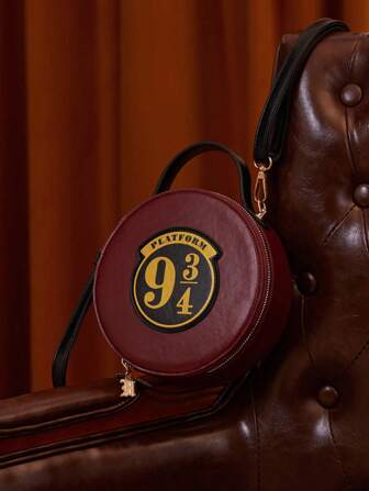 HARRY POTTER X SHEIN Express Platform9 3/4 Alphanumeric Printed Round Crossbody Bag For Women, Fashionable Burgundy Bag, Gifts